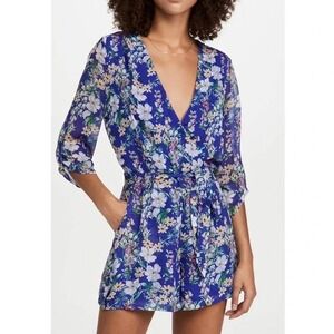 Yumi Kim Liz Romper - Eden Royal Blue Floral Tie Waist V Neck 3/4 Sleeve Size M